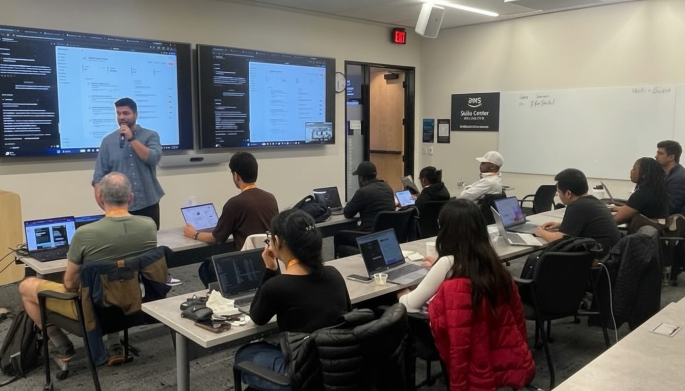 Instructor leading a classroom workshop with attendees at training tables