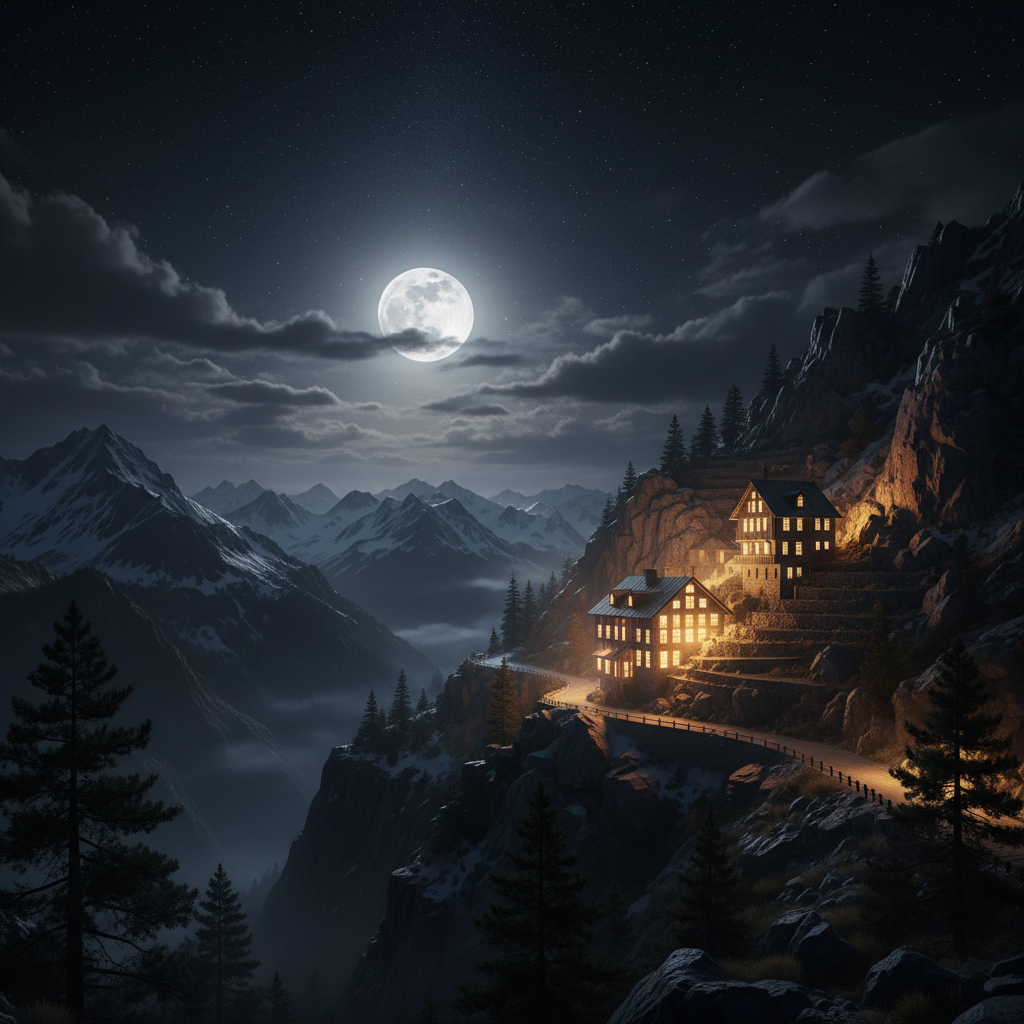AI generated night scene of alpine lodges built into a cliff face below a full moon