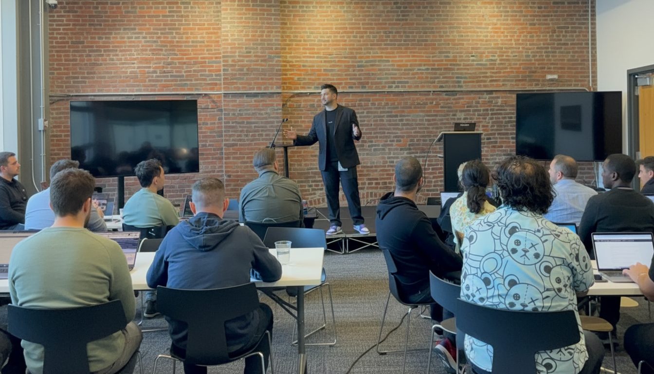 Presenter speaking to an audience of laptop users from a low platform in a brick-walled loft