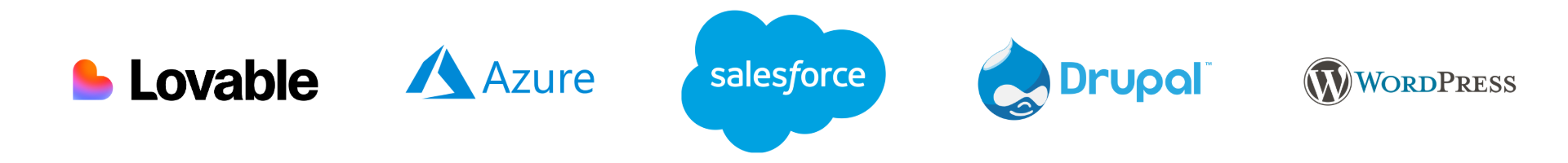 Technology logos: Lovable, Azure, Salesforce, Drupal, WordPress